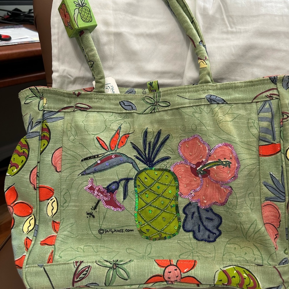 Sally Huss Floral Green Canvas Tote Bag/Beach Bag NWT with sequin trim